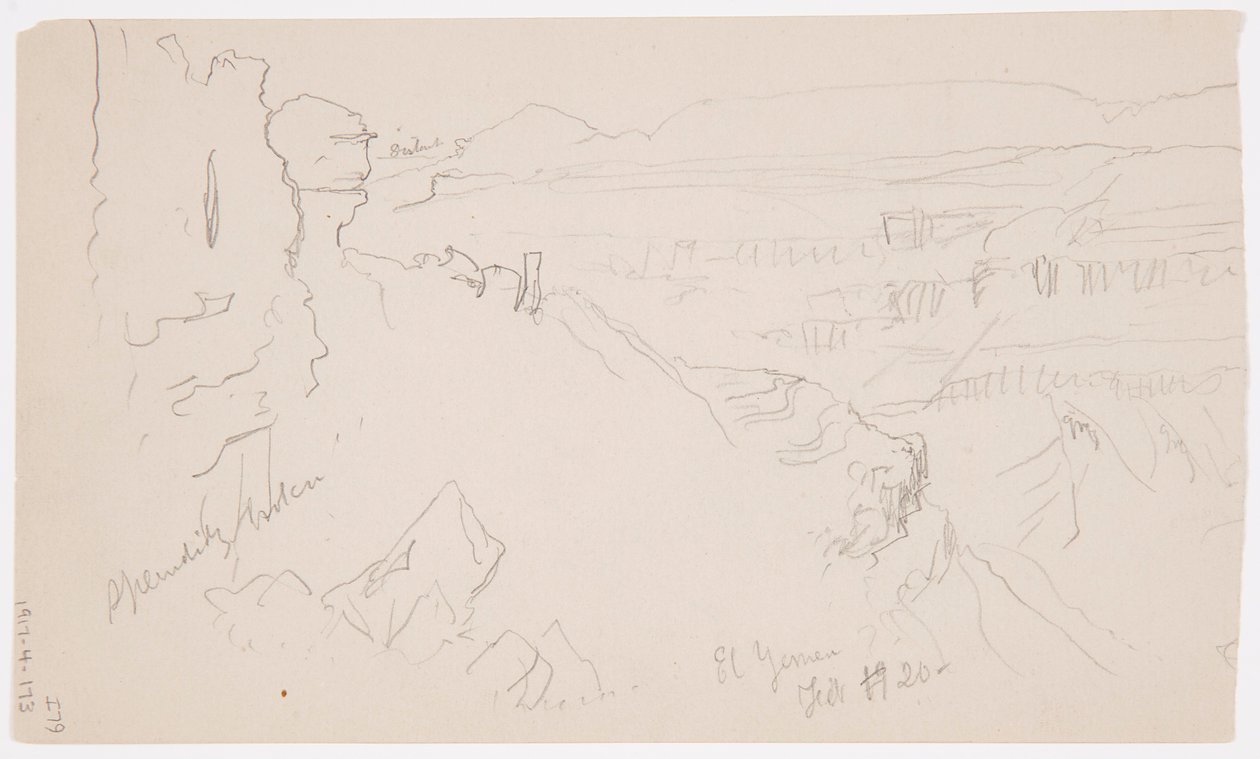Teckning, Vy över kullarna och slätten mot bergen, El Yemens dal, februari 1868 av Frederic Edwin Church