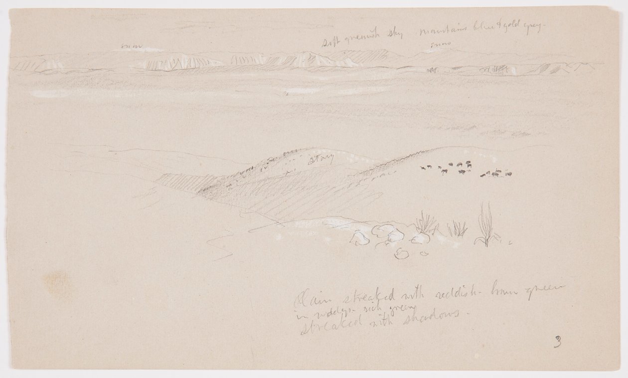 Teckning, Vy över kullarna och slätten mot bergen, El Yemens dal, februari 1868 av Frederic Edwin Church