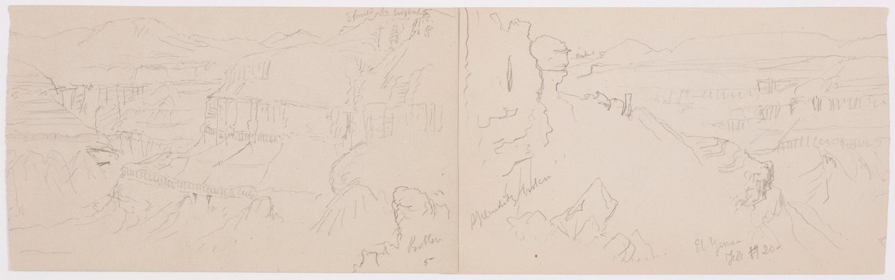 Teckning, Vy över kullarna och slätten mot bergen, El Yemens dal, februari 1868 av Frederic Edwin Church