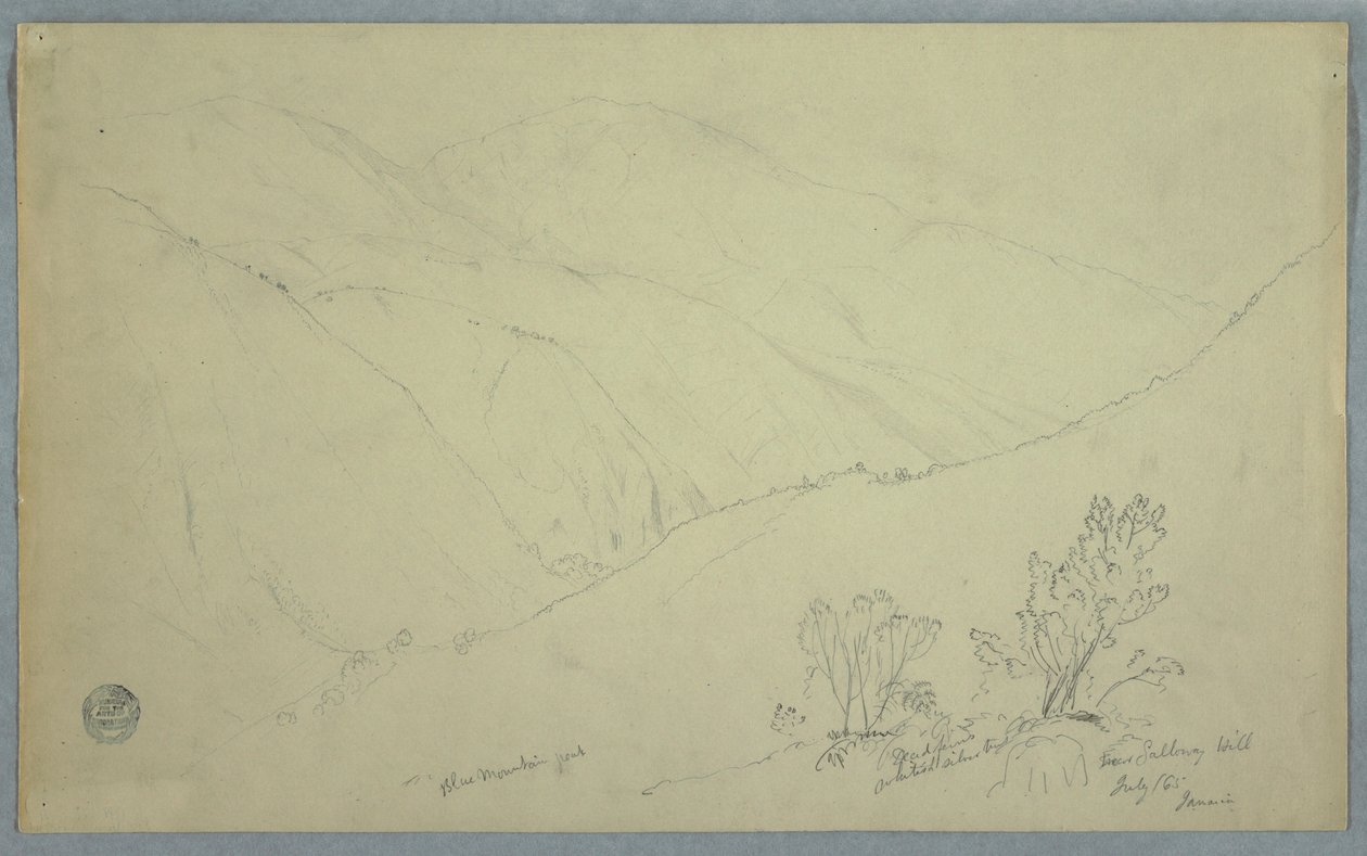 Teckning, utsikt över Blue Mountain Peak, sedd från närheten av Salloway Hill, Jamaica, juli 1865 av Frederic Edwin Church