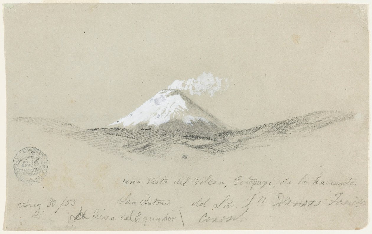 Teckning, utsikt över Cotapaxi från Hacienda San Antonio, Ecuador, 30 augusti 1853 av Frederic Edwin Church