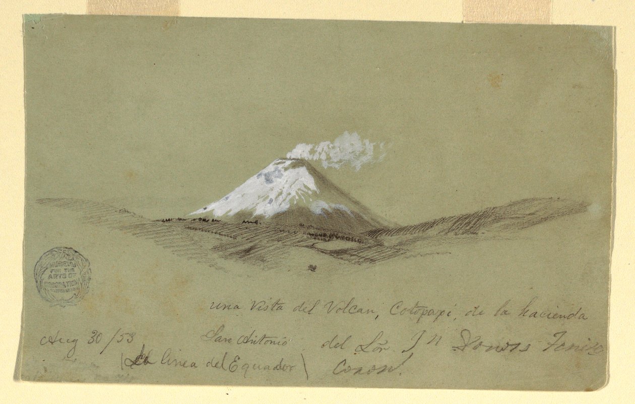 Teckning, utsikt över Cotapaxi från Hacienda San Antonio, Ecuador, 30 augusti 1853 av Frederic Edwin Church