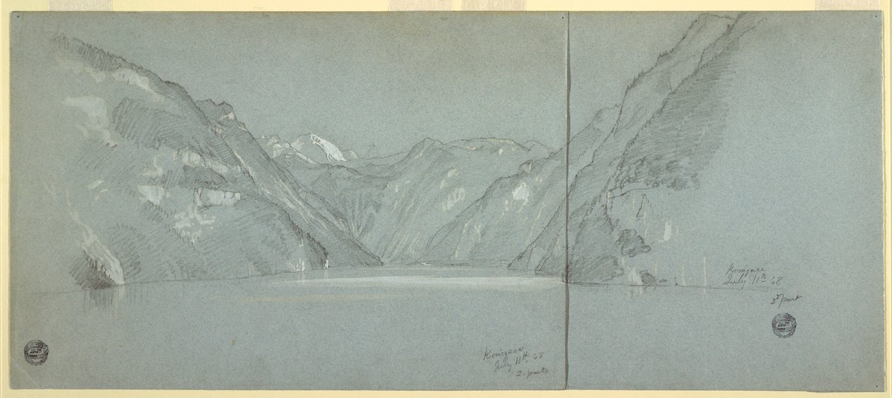 Ritning, Vy över Konigssee med Falkenstein, nära Berchtesgaden, Bayern, Tyskland, Del 2, 11 juli 1868 av Frederic Edwin Church