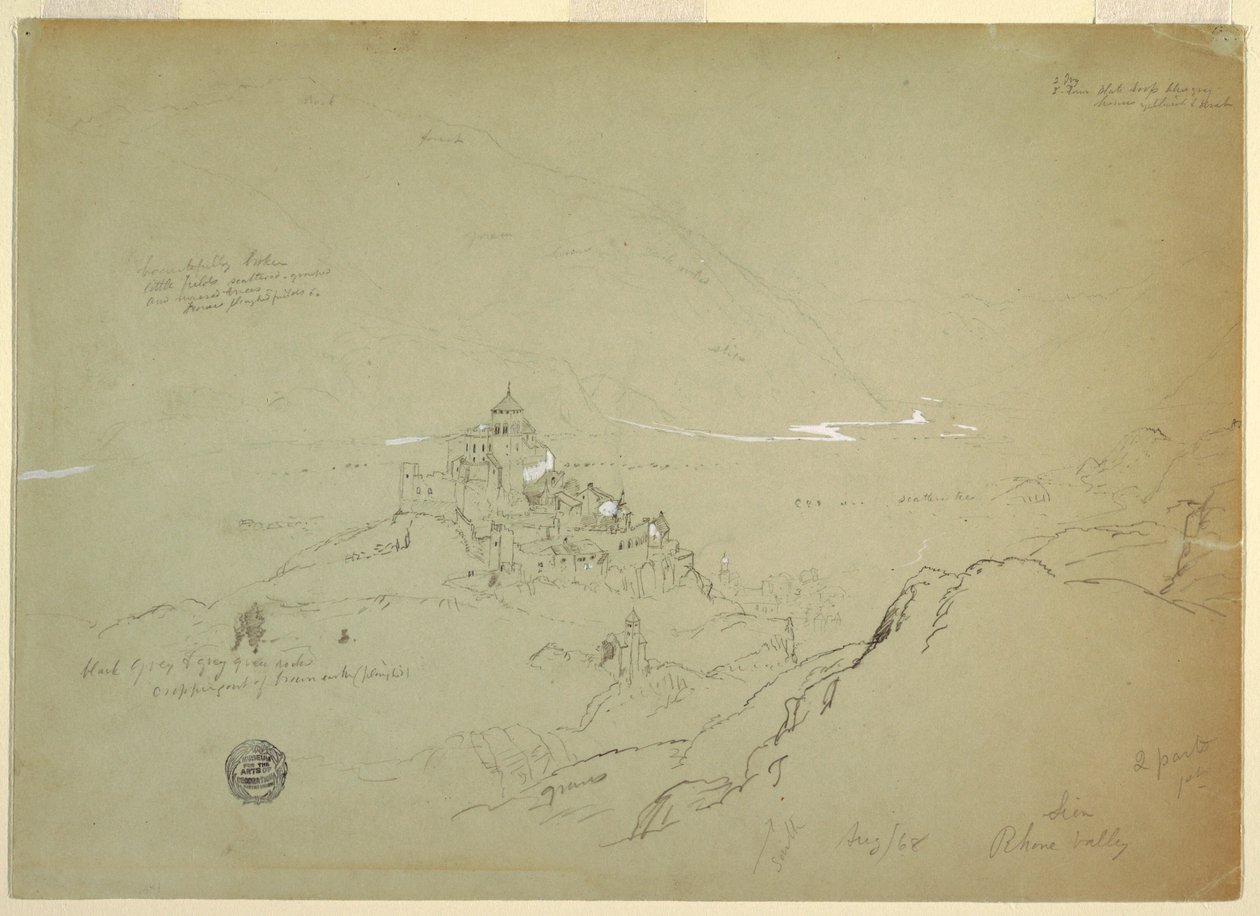 Teckning, Vy över Sien i Rhônedalen, augusti 1868 av Frederic Edwin Church