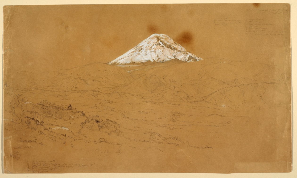 Teckning, Vy över det snötäckta berget Chimborazo ritad nära Guanojo och Guaranda, Ecuador, 12 juni 1857 av Frederic Edwin Church