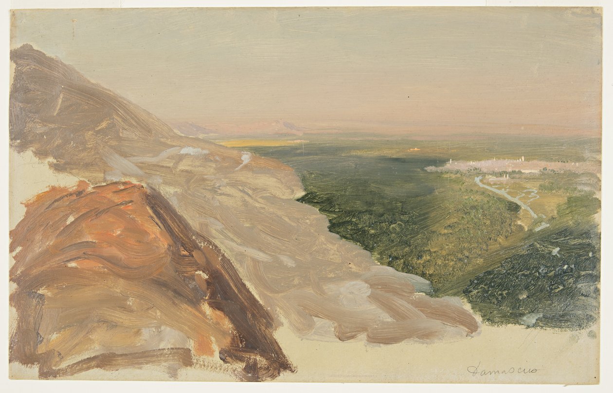 Teckning, Vy över en slätt med Damaskus, Syrien, från bergen, maj 1868 av Frederic Edwin Church