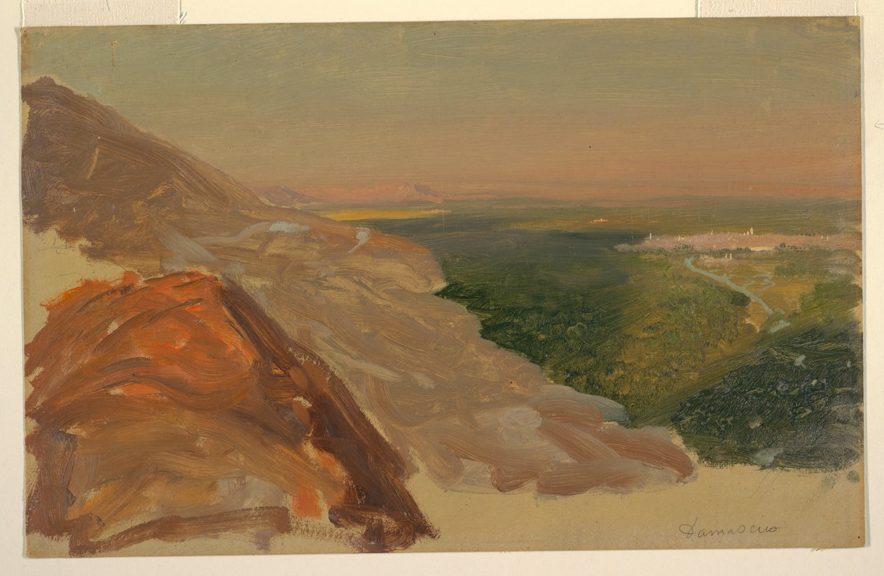 Teckning, Vy över en slätt med Damaskus, Syrien, från bergen, maj 1868 av Frederic Edwin Church