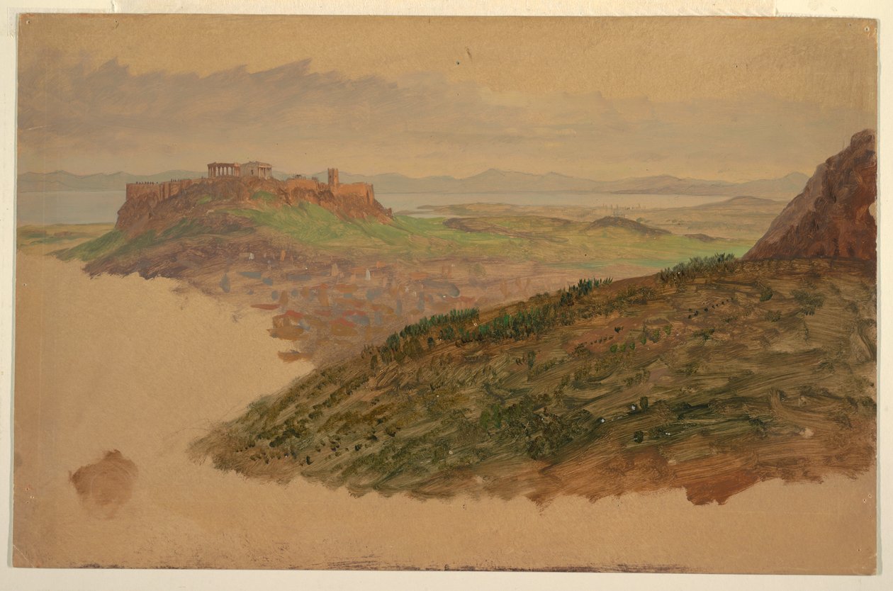 Teckning, Utsikt över Akropolis från Lykabettusberget, Aten, april 1869 av Frederic Edwin Church