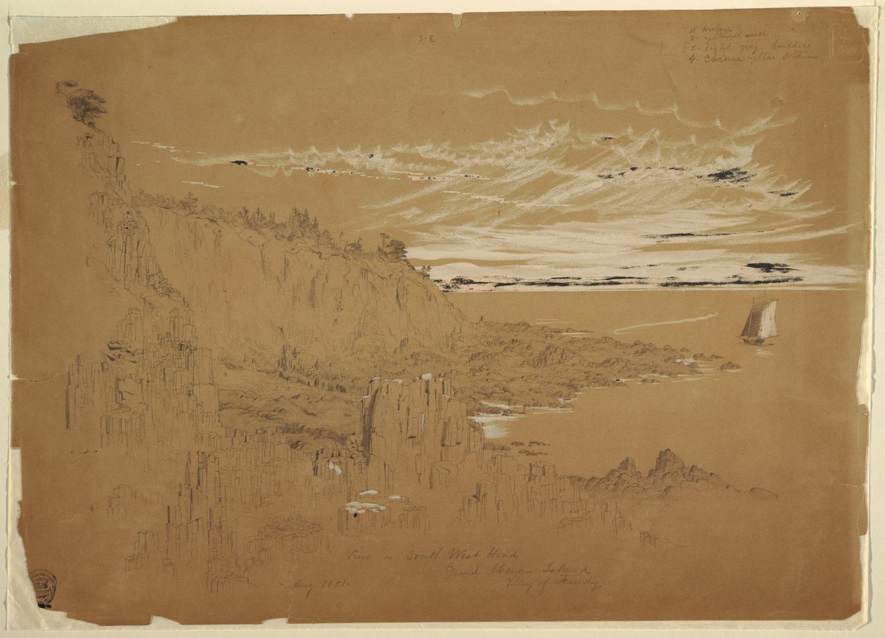 Teckning, "Vy över sydvästra huvudet, Grand Manan Island, Fundybukten, Kanada", augusti 1851 av Frederic Edwin Church