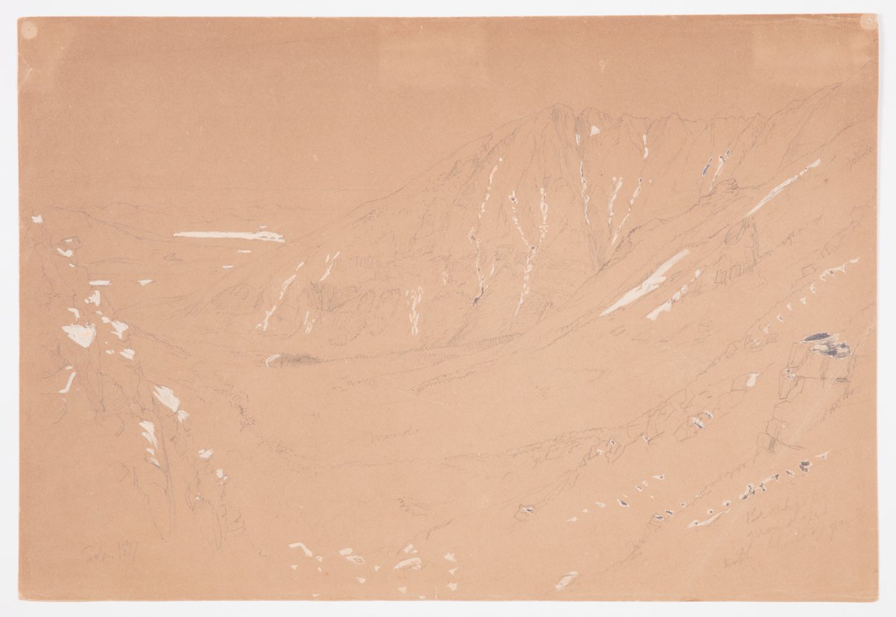 Teckning, Utsikt mot den stora bassängen, Mount Katahdin, september 1877 av Frederic Edwin Church