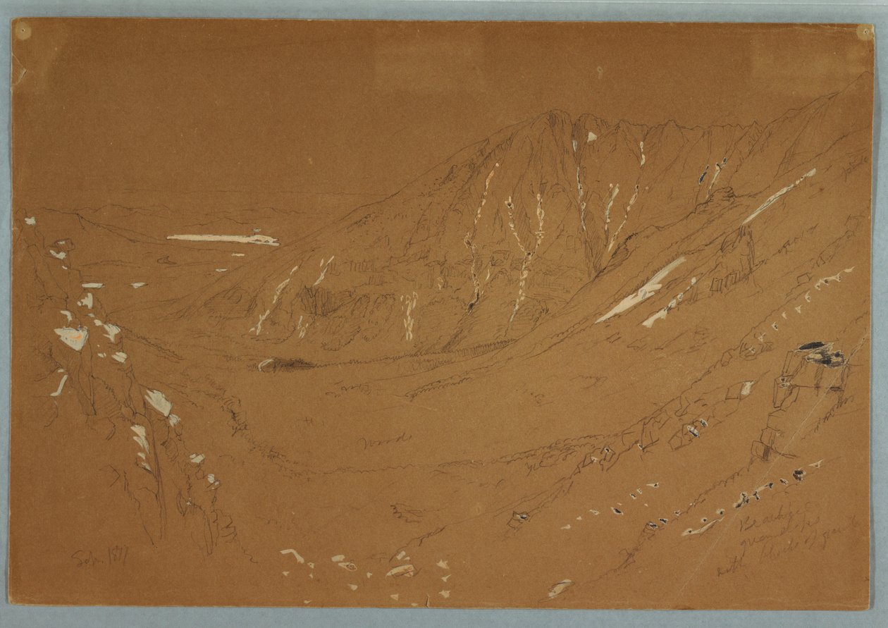 Teckning, Utsikt mot den stora bassängen, Mount Katahdin, september 1877 av Frederic Edwin Church