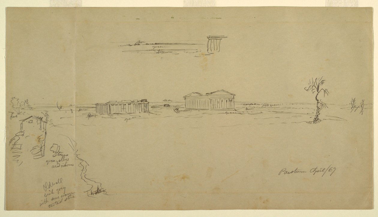 Teckning, Vyer över basilikan och Neptunustemplet, Paestum, Italien, april 1869 av Frederic Edwin Church