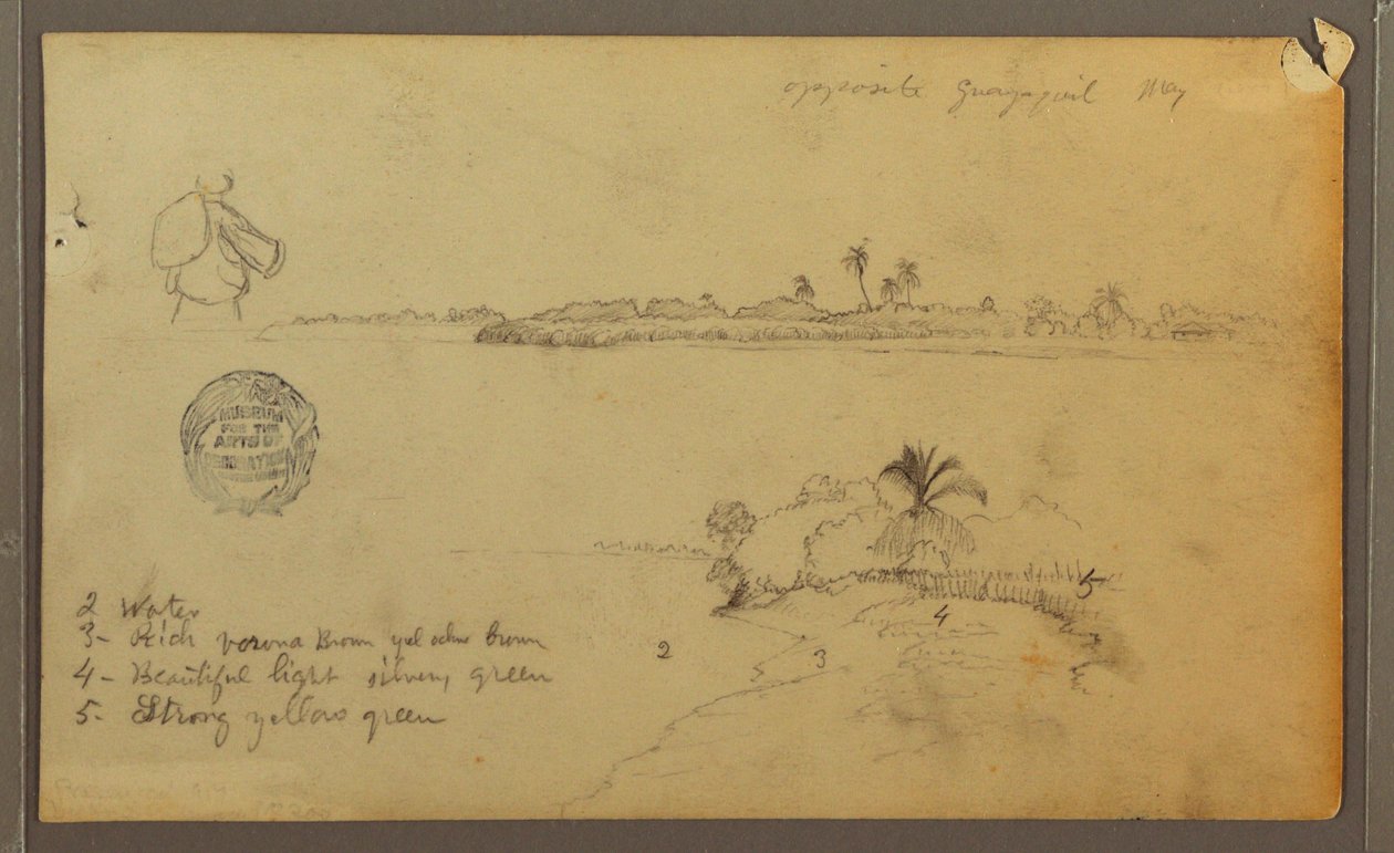 Teckning, Vy över Guayasflodens östra strand, mittemot Guayaquil, Ecuador, maj 1857 av Frederic Edwin Church