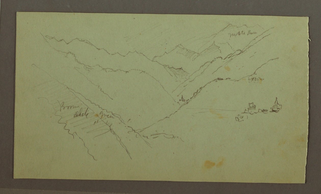 Teckning, By och brant bergsdal (Alperna), 1868-69 av Frederic Edwin Church