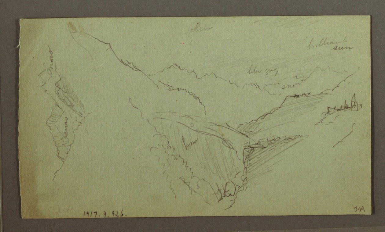 Teckning, By och brant bergsdal (Alperna), 1868-69 av Frederic Edwin Church