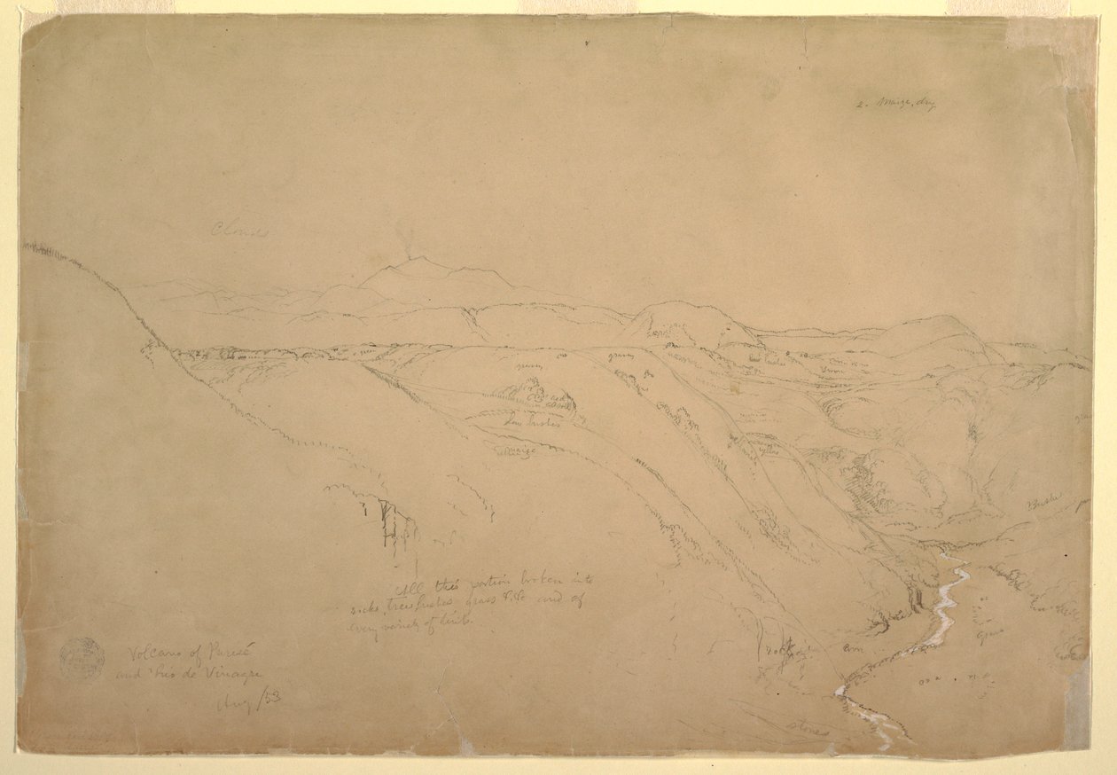 Teckning, Vulkanen Puresé och Rio de Vinagre, Purese, Colombia, augusti 1853 av Frederic Edwin Church
