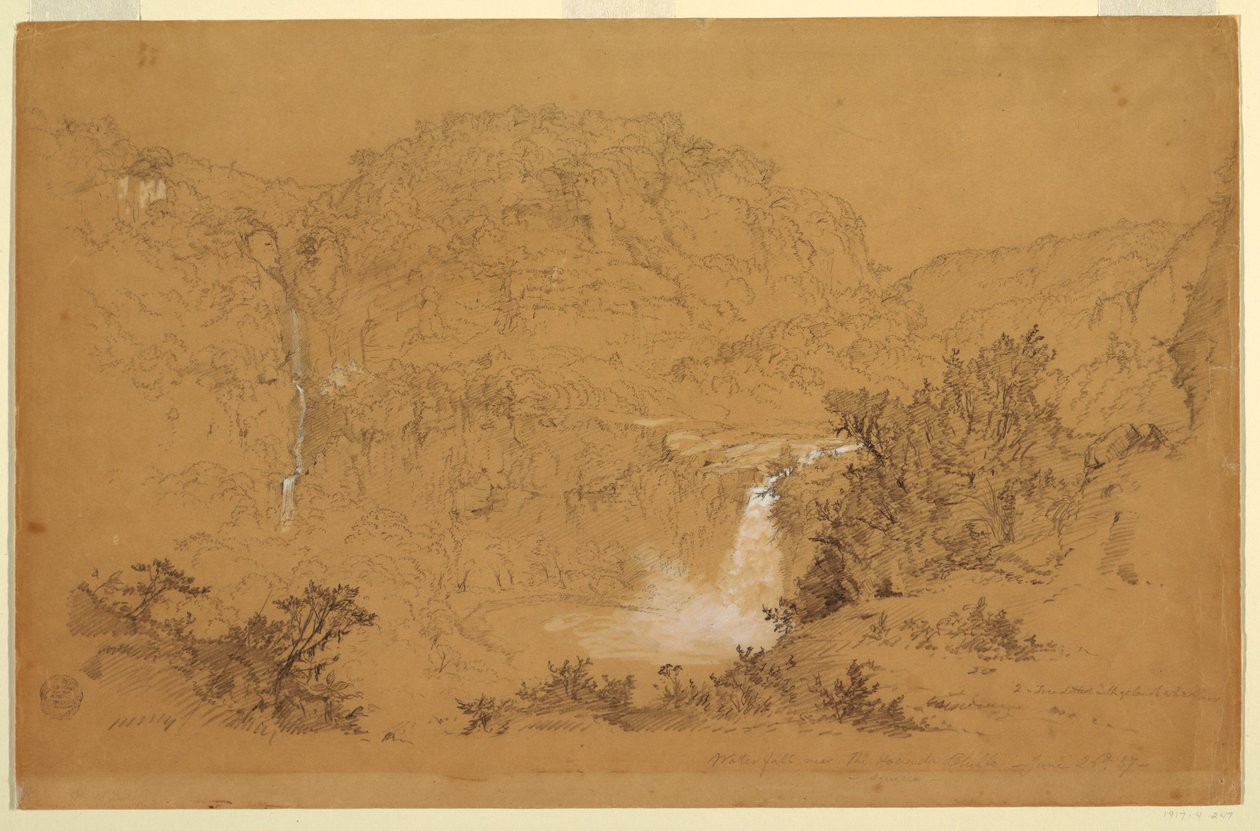 Teckning, Vattenfall nära Hacienda, Chillo, Ecuador, 26 juni 1857 av Frederic Edwin Church