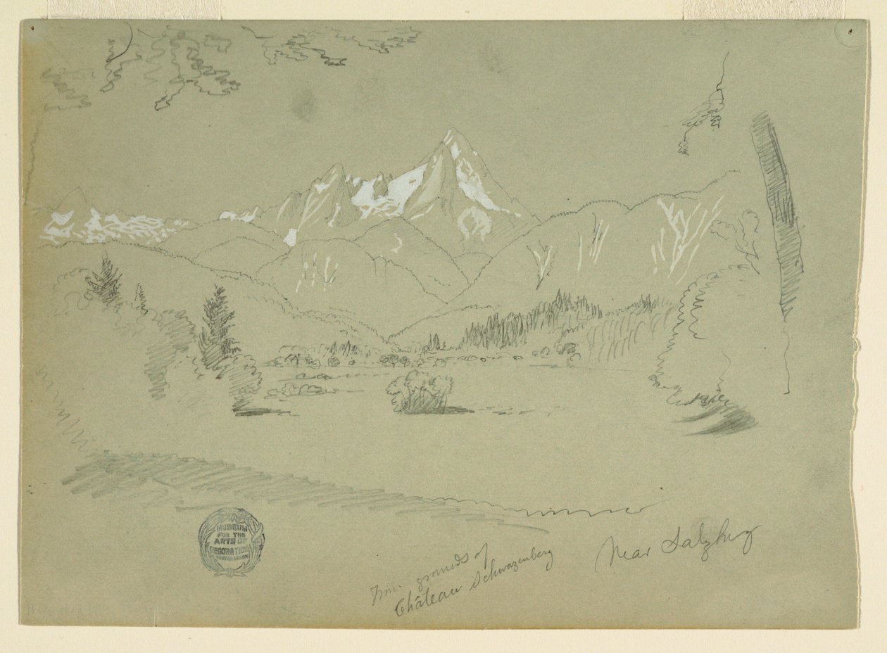Ritning, Watzmann från marken vid slottet i Aigen nära Salzburg, juni-juli 1868 av Frederic Edwin Church