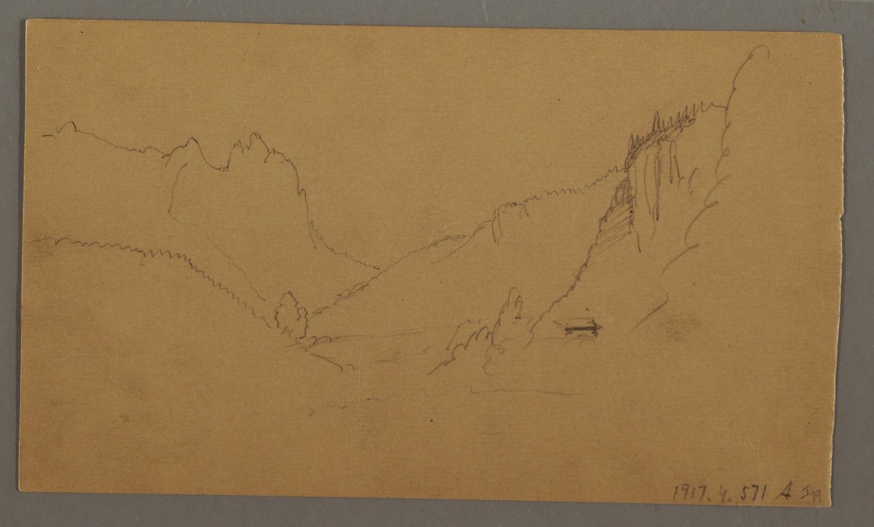 Ritning, Slingrande väg genom dal, hus, möjligen 1868 av Frederic Edwin Church
