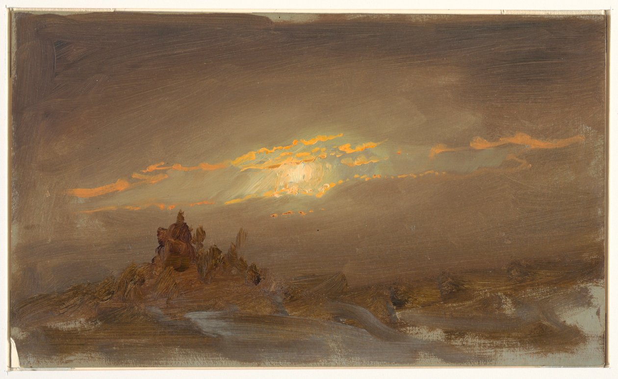 Teckning, Vinterlandskap i månsken, ca 1870 av Frederic Edwin Church
