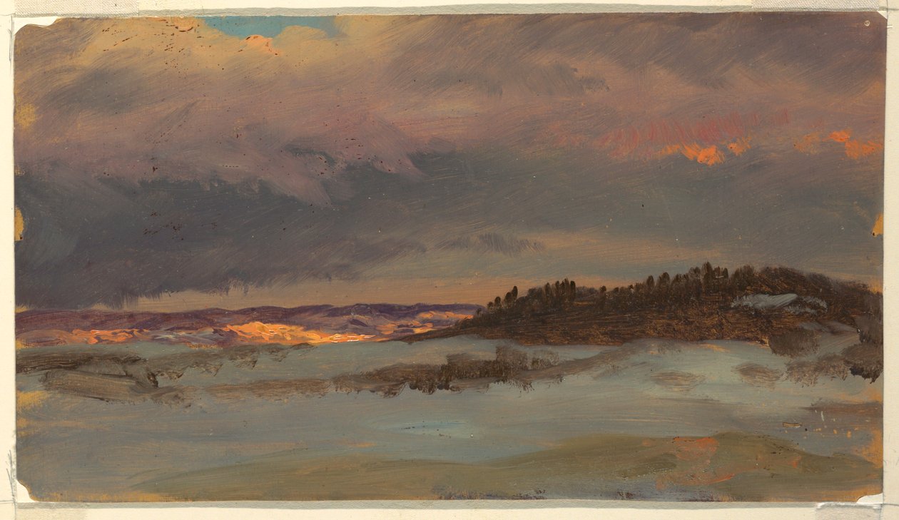 Teckning, Vinterlandskap med Blue Hill vid solnedgången, Hudson, New York, 1870-75 av Frederic Edwin Church