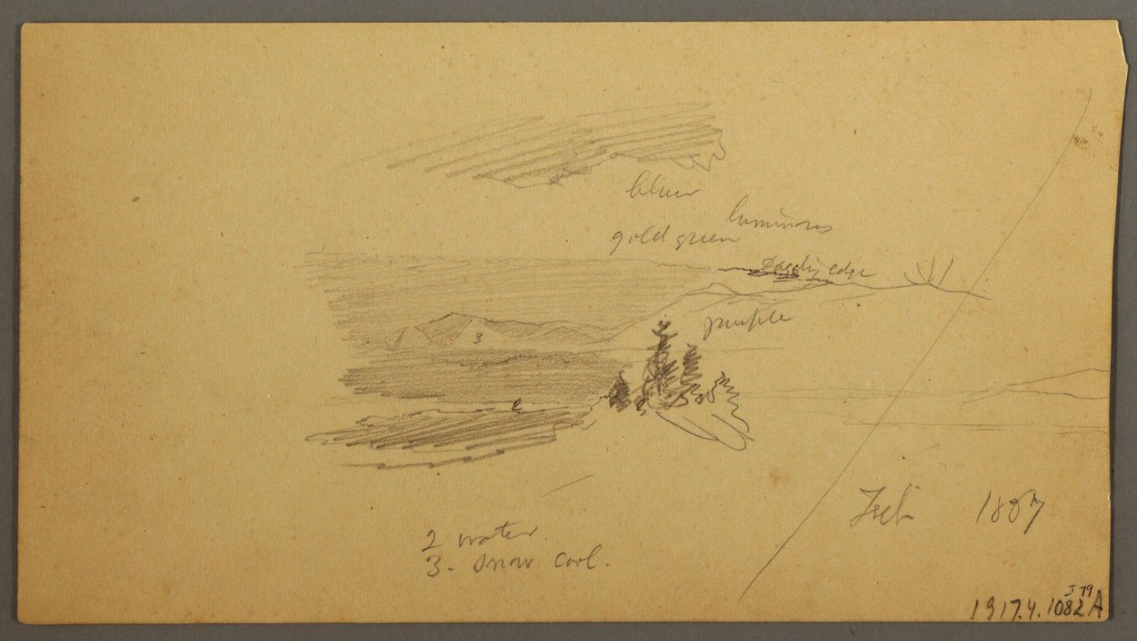 Teckning, skogsklädd bergstopp, kuperad dal, sol, januari 1866 av Frederic Edwin Church