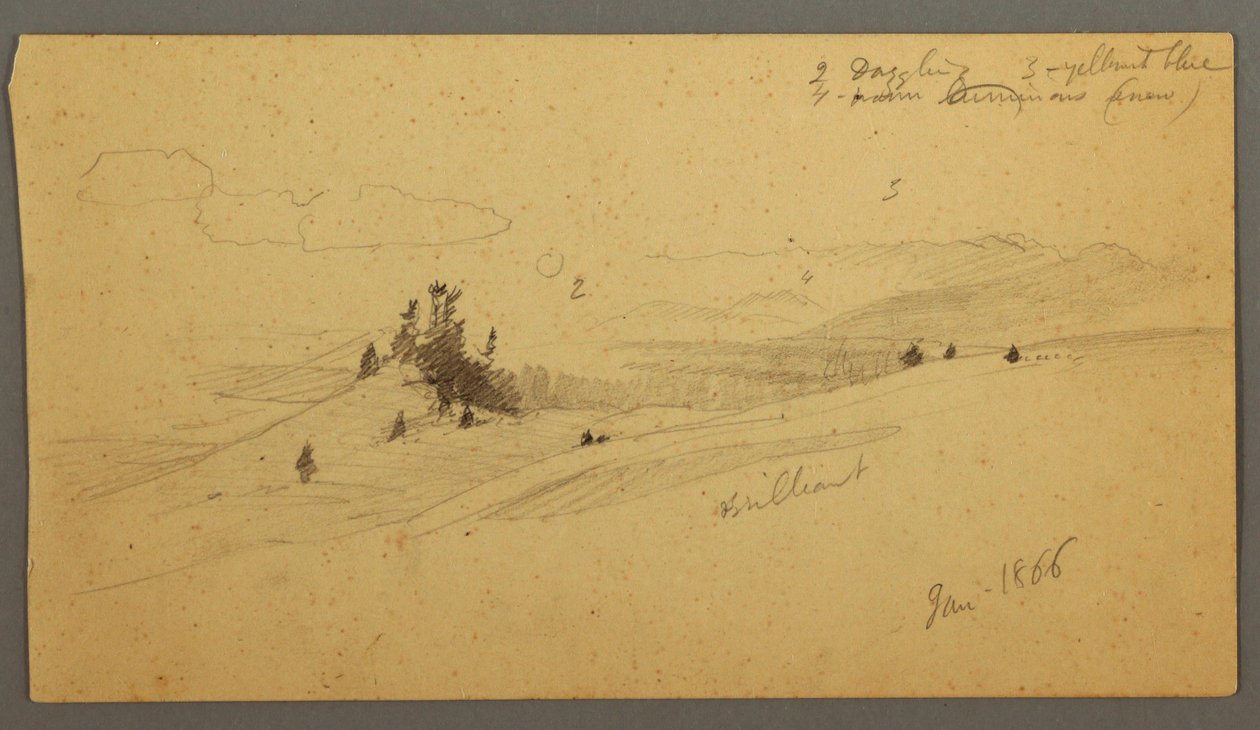 Teckning, skogsklädd bergstopp, kuperad dal, sol, januari 1866 av Frederic Edwin Church