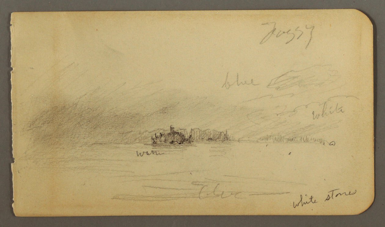 Teckning, Skogsklädd strand i dimma, möjligen 1878 av Frederic Edwin Church
