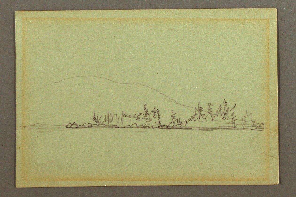 Teckning, Skogsklädd strand, berg, möjligen 1856 av Frederic Edwin Church