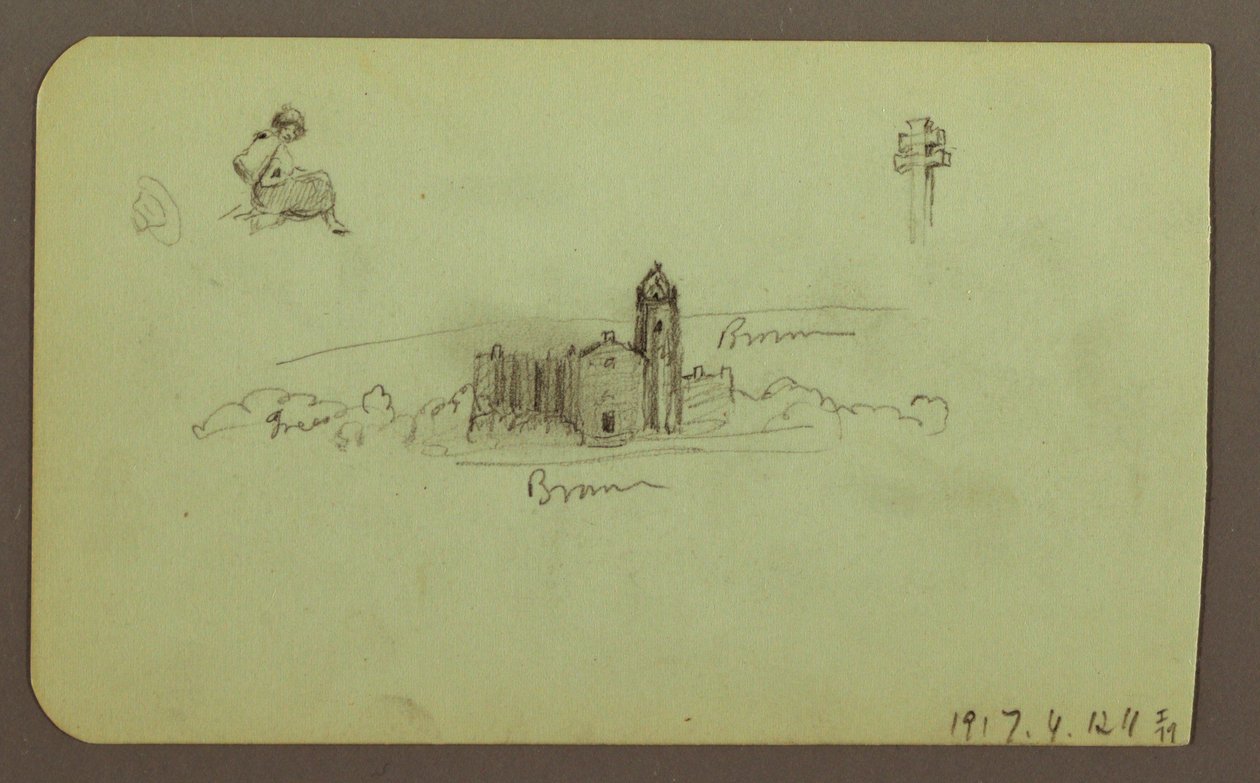 Teckning, kullar, kyrka, bro; Averso: figur, kors, kyrka, 1883 av Frederic Edwin Church
