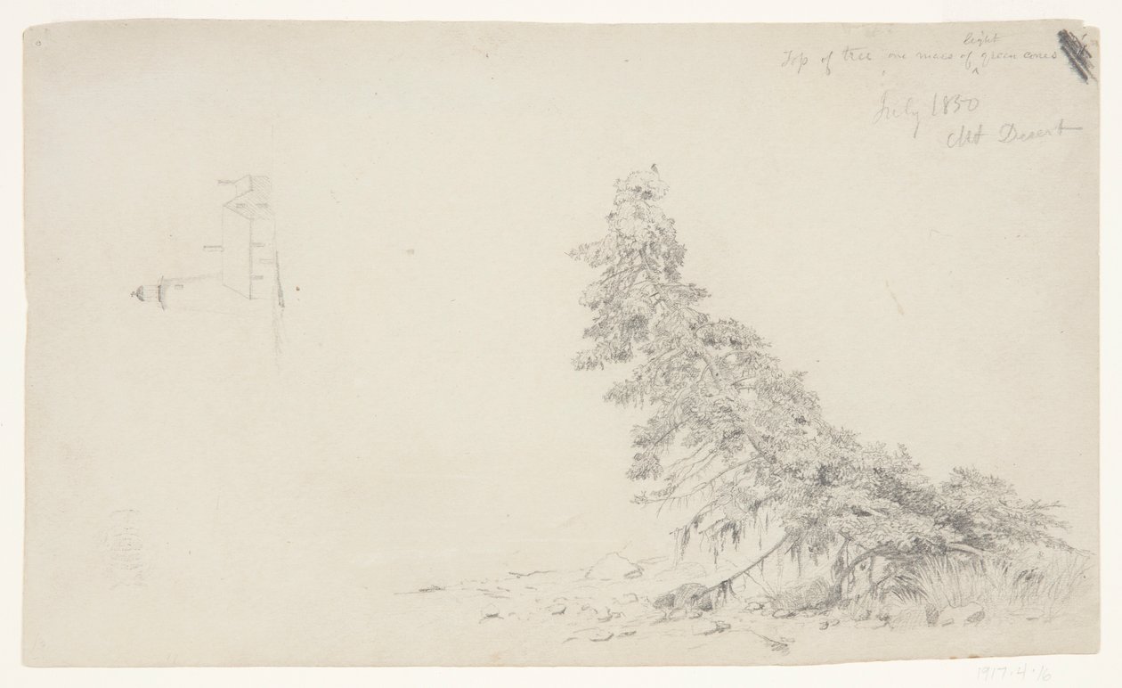 Vintergrönt träd nära stranden med en detalj av fyren och ett hus, Mount Desert, Maine av Frederic Edwin Church