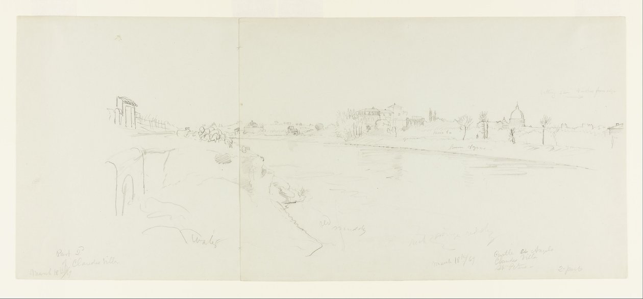 Landskapsvy över Rom från Tiberflodens strand, med utblickar på avstånd över Sant Angelo-slottet, Claudes villa och Peterskyrkan, del 1 av Frederic Edwin Church