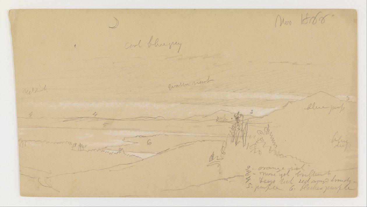 Flod genom bergsdal med himmel och halvmåne av Frederic Edwin Church