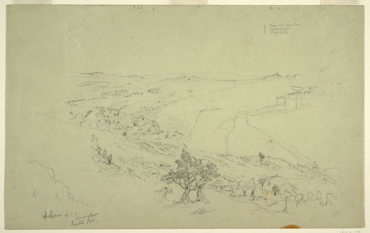 Siloam och Jerusalem, sydöstra hörnet av murarna sett från Oljeberget [Jerusalem och Silwan, östra Jerusalem, Israel] av Frederic Edwin Church