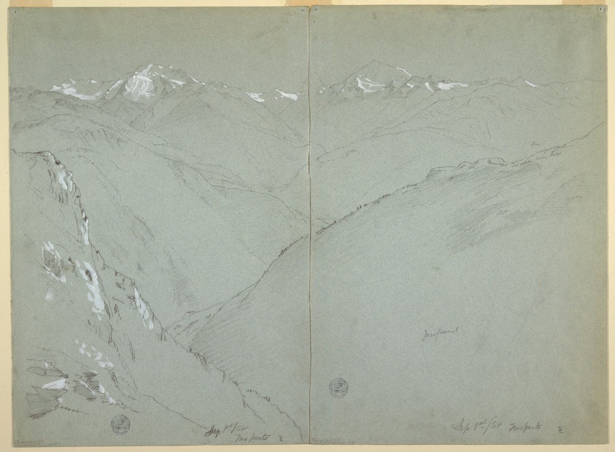 Dallandskap med snötäckta toppar, Bernalperna, Schweiz, del 1 av Frederic Edwin Church