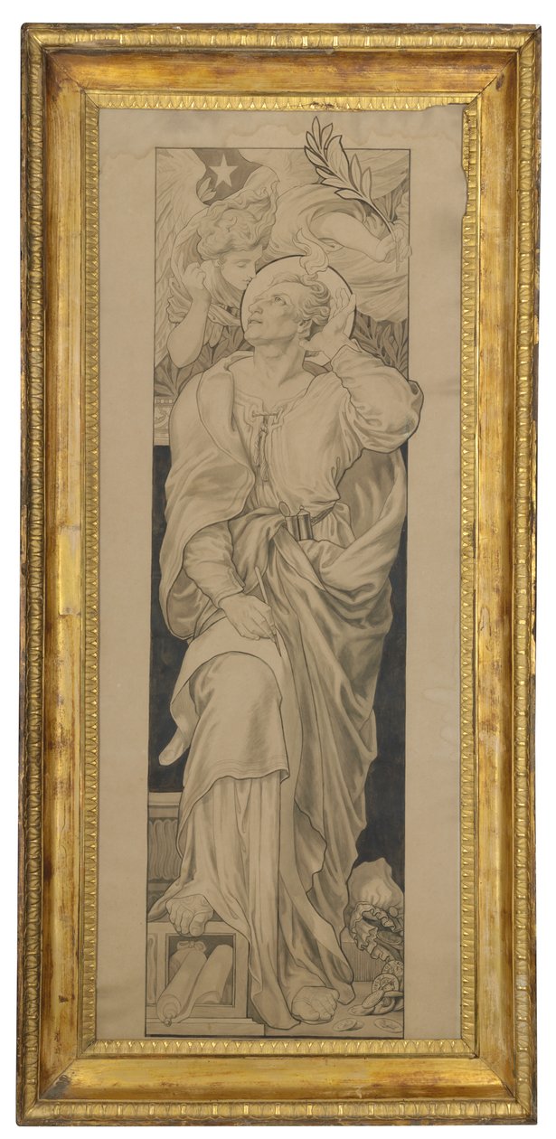 St Matthew: Design för ett målat glasfönster (penna & grå tvätt på buff papper) av Frederic James Shields
