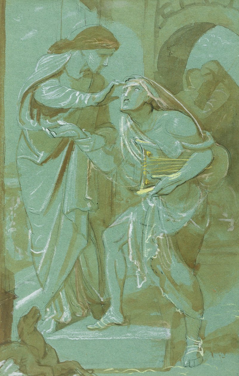 Studie för The Blind Man of Bethsaida på North Wall of the Chapel of the Ascension, London (penna & bläck och akvarell på grönt papper) av Frederic James Shields