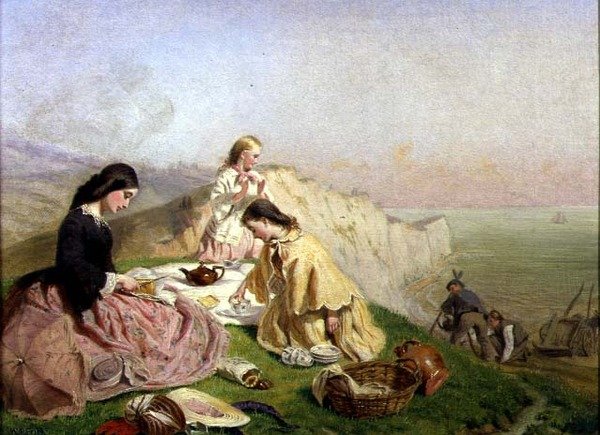 Picknicken på en klippa (olja på duk) av Frederic James Shields