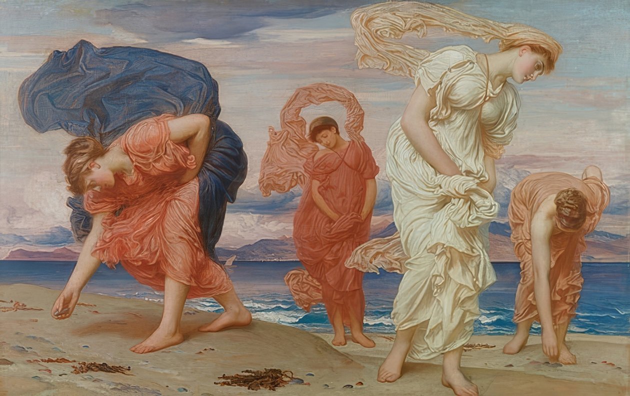 Grekiska flickor plockar upp stenar på stranden. Omkring 1871 av Frederic Leighton
