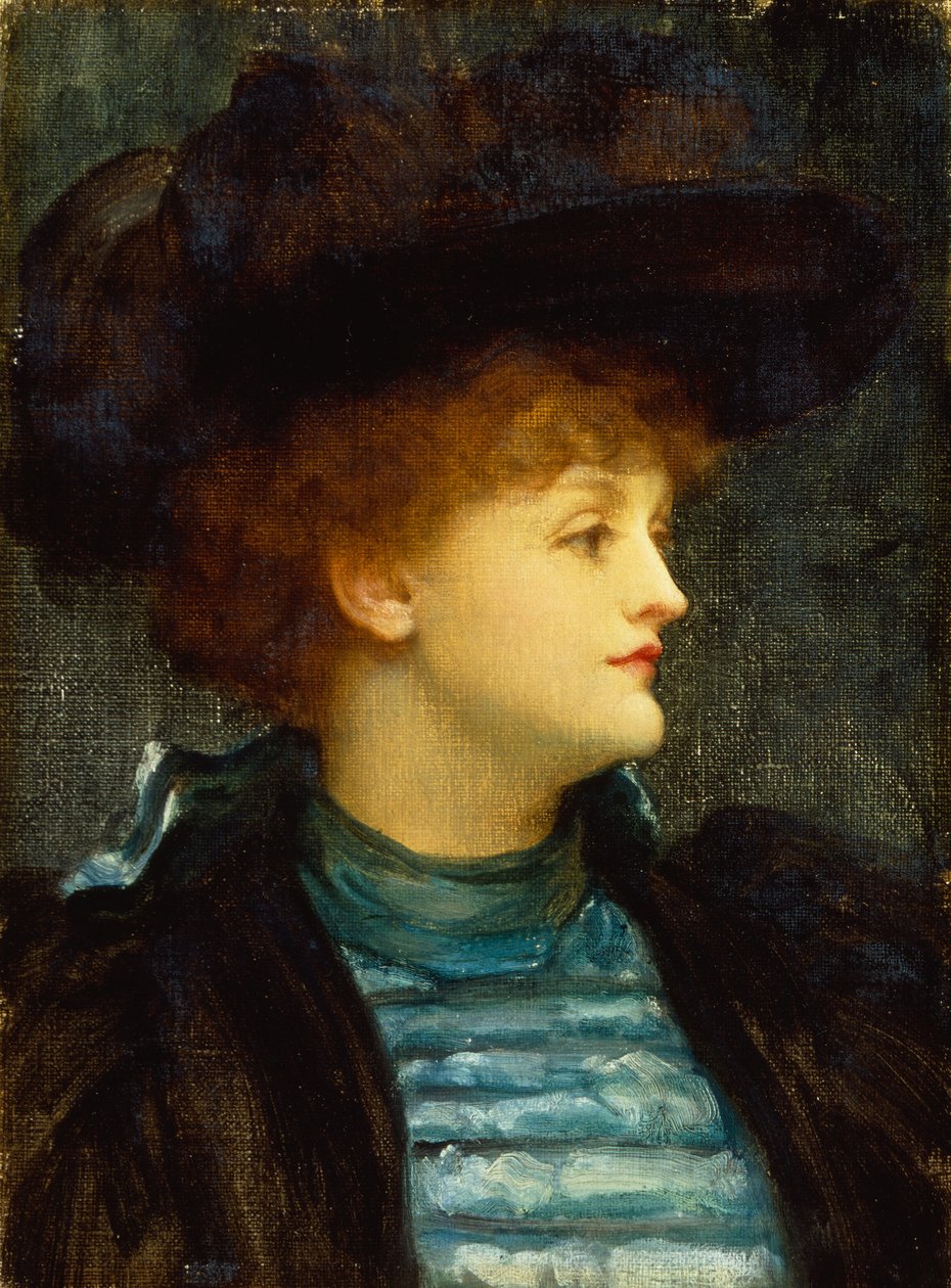 Porträtt av kvinna i turkos klänning med svart kappa och hatt (olja på duk) av Frederic Leighton