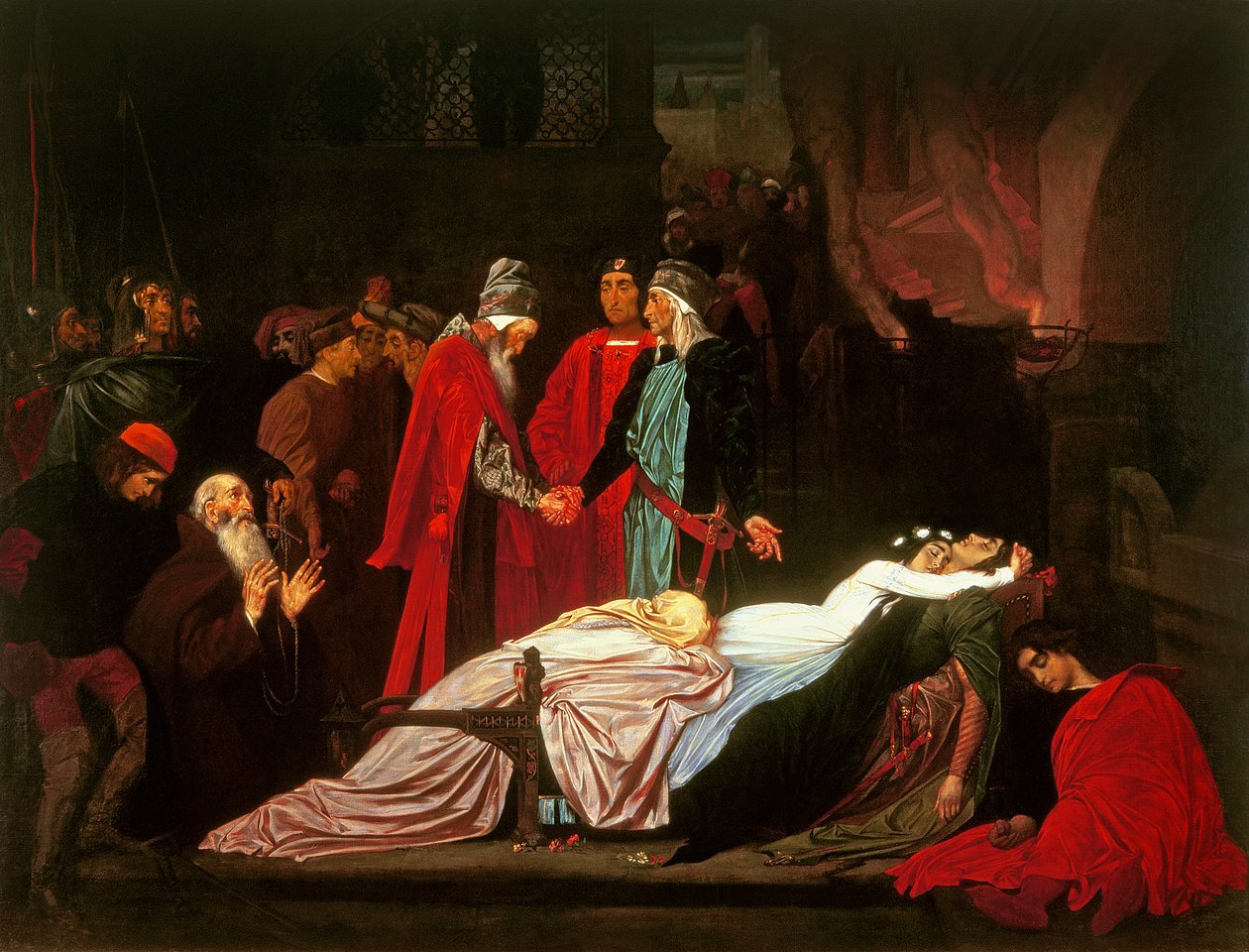 Försoningen mellan Montagues och Capulets över Romeo och Julias döda kroppar av Frederic Leighton