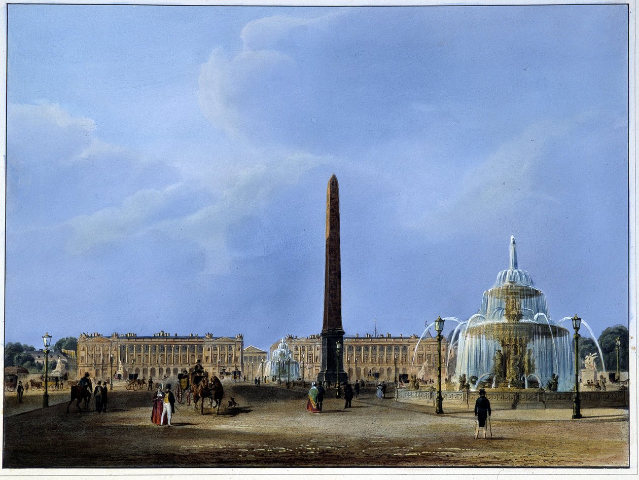 Utsikt över Luxor-obelisken och fontänerna, Place de la Concorde - i "Paris 1832" av Martens. Ed. Weith och Hauser. av Frederic Martens