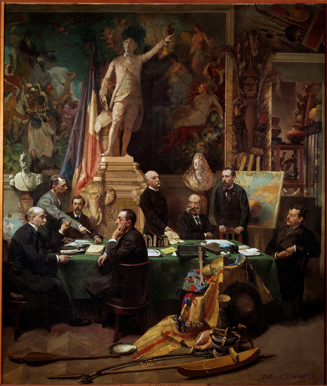 Koloniernas delegater i november 1892 Från vänster till höger: Chesse (Tahiti), Mager (Diego Suares), Dussac (Nossy-Be), de Faymoreau (Mayotte), Jules Ferry (Annam och Tonkin), Soller (Franska Guinee) , Cudenet (Nya Kaledonien). målning av Frederic Regam av Frederic Regamey