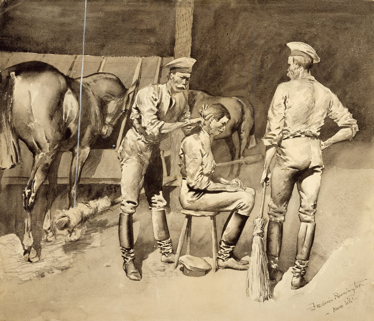 En frisyr i ett kavalleristall, ca 1893 (wc på papper) av Frederic Remington