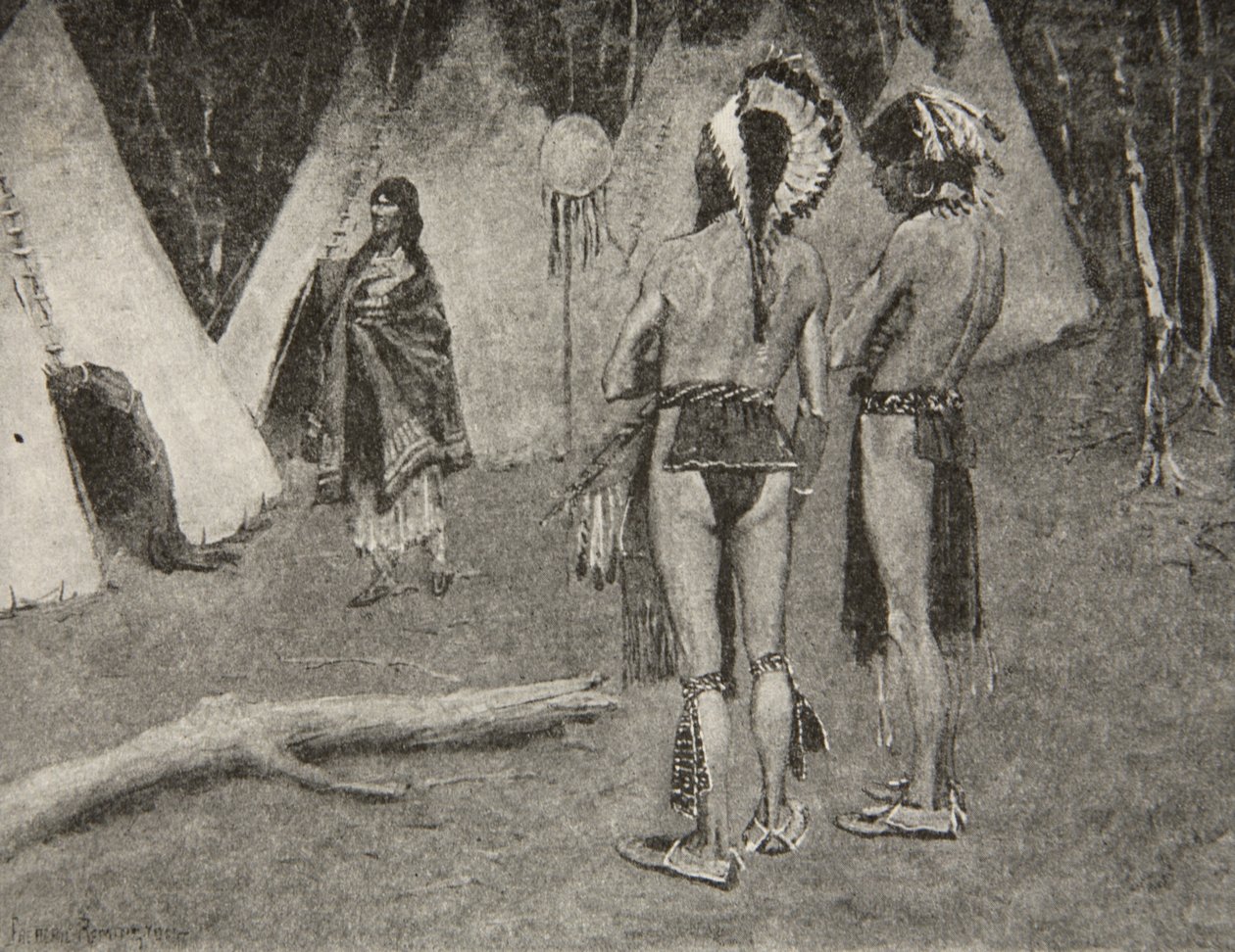 Och hennes älskare, de avvisade,... Vackra män med färg och fjädrar, ur Hiawatas sång av Henry Wadsworth Longfellow (1807-82), utgiven av George G. Harrap und Company Ltd., 1911. av Frederic Remington