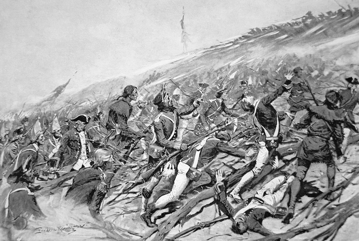 Brittiska styrkor försöker storma det franska fortet Ticonderoga 1758 (litho) av Frederic Remington