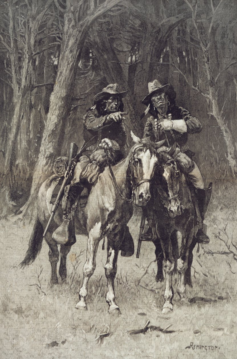 Cheyenne-scouter patrullerar Big Timber of the North Canadian, Oklahoma, 6 april av Frederic Remington