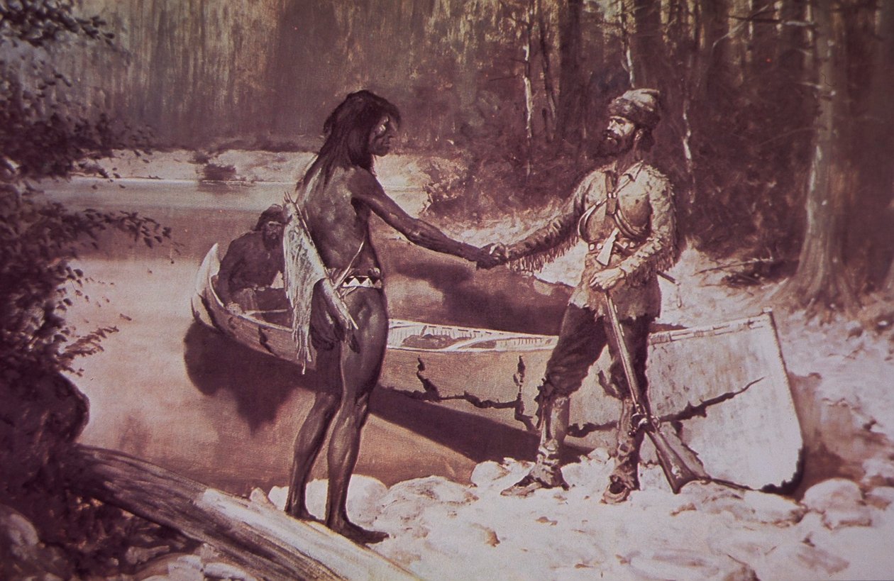 Fransk-kanadensisk pälsfångare som gör affärer med indian, sent 1800-tal (lito i färg) av Frederic Remington