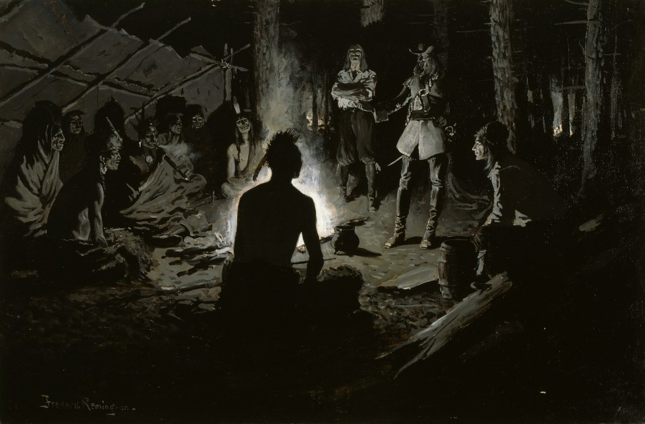 Fransk upptäcktsresandes råd med indianerna av Frederic Remington