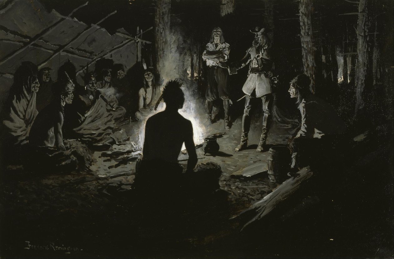 Fransk upptäcktsresandes råd med indianerna av Frederic Remington